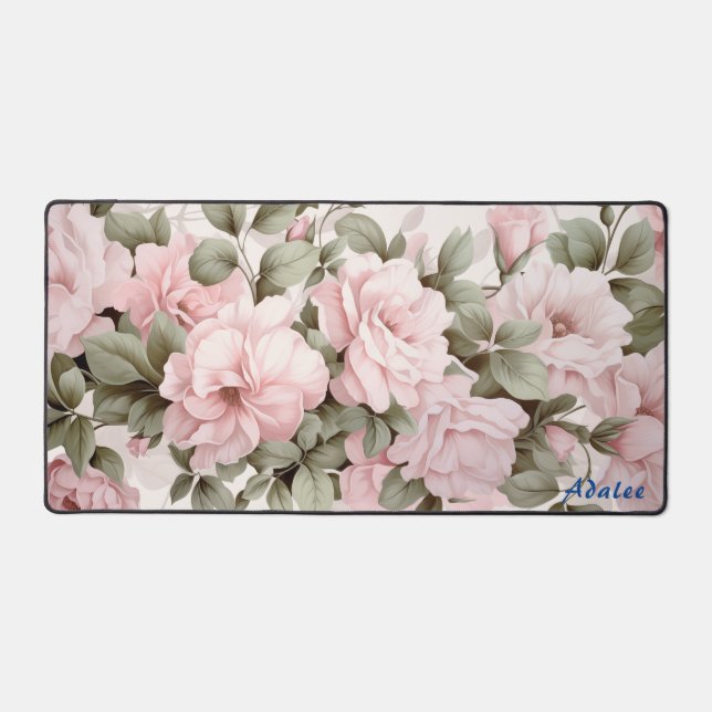 Personalized Pink Roses Floral Desk Mat (Front)