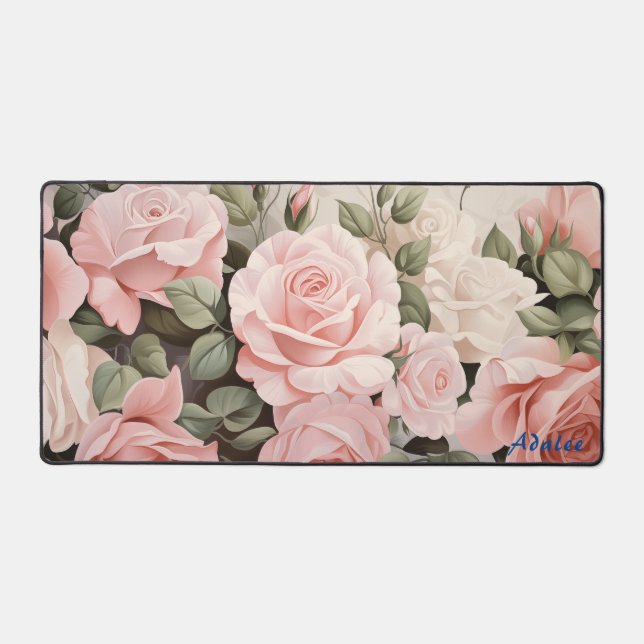 Personalized Pink Roses Floral Desk Mat (Front)