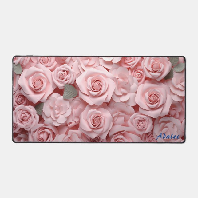 Personalized Pink Roses Floral Desk Mat (Front)