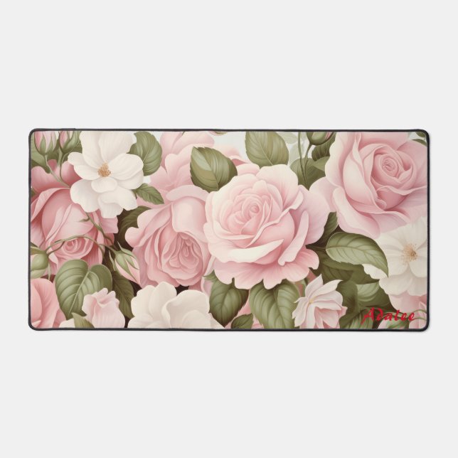 Personalized Pink Roses Floral Desk Mat (Front)
