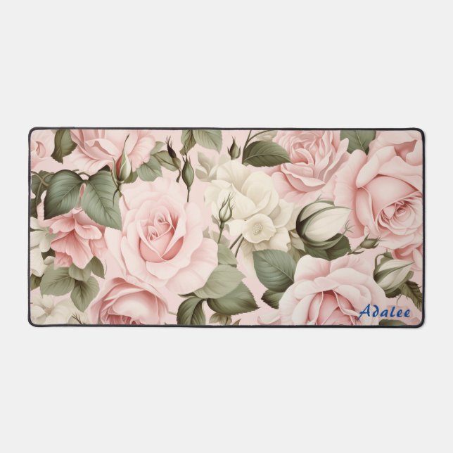 Personalized Pink Roses Floral Desk Mat (Front)