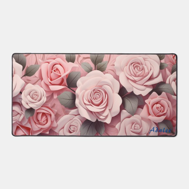 Personalized Pink Roses Floral Desk Mat (Front)