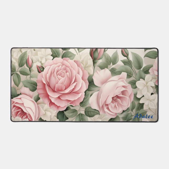 Personalized Pink Roses Floral Desk Mat (Front)