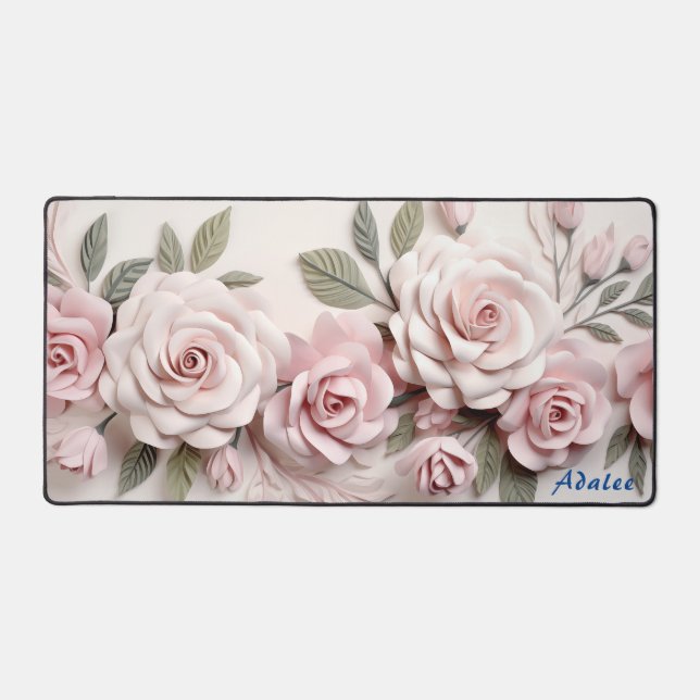 Personalized Pink Roses Floral Desk Mat (Front)