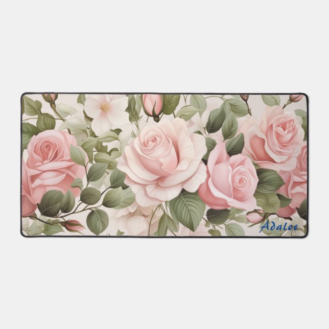 Personalized Pink Roses Floral Desk Mat (Front)