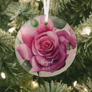 Personalized Pink Roses Flowers Floral Christmas Glass Ornament