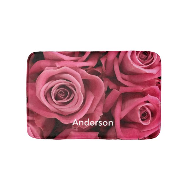 Personalized Pink Roses girly Bath Mat (Front)