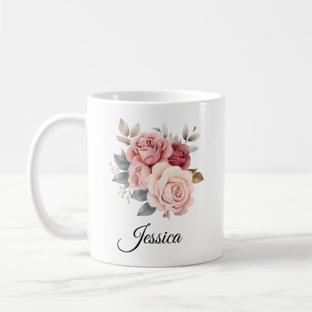 Personalized Pink Roses Mug – Custom Name Floral D (Left)