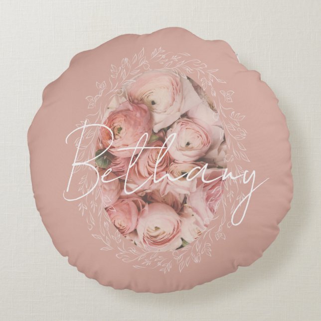 Personalized Pink Roses Romantic Elegant Vintage  Round Pillow (Back)