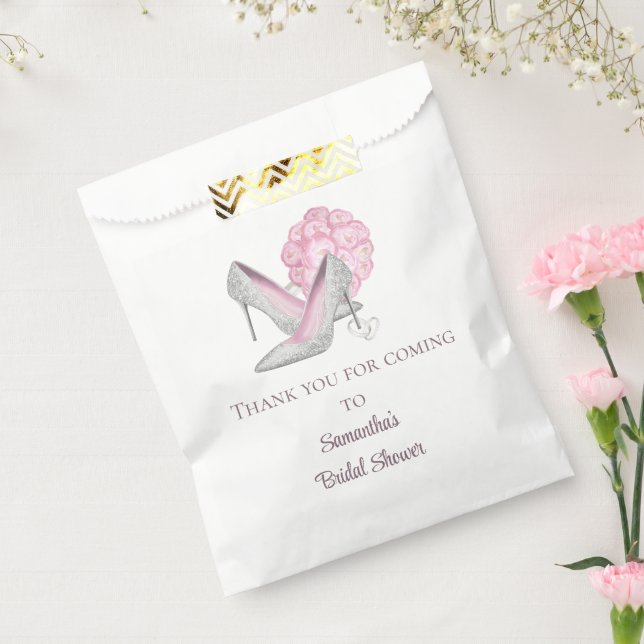 Personalized Pink Roses Silver Heels Bridal Shower Favour Bag (Sealed)