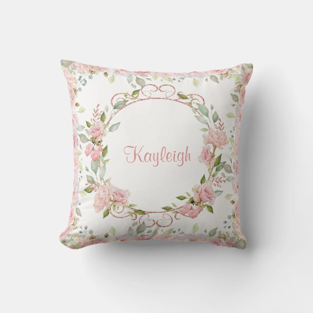 Personalized Pink Roses Throw Pillow (Front)