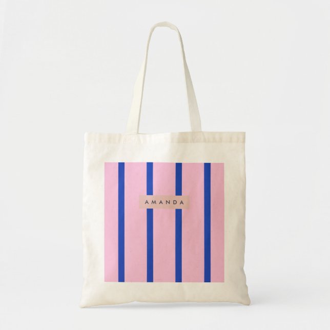 Personalized Pink & Royal Blue Stripe Design Tote Bag (Front)