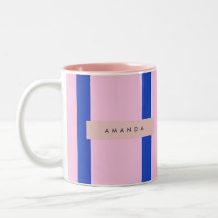 Personalized Pink & Royal Blue Stripe Design Two-Tone Coffee Mug