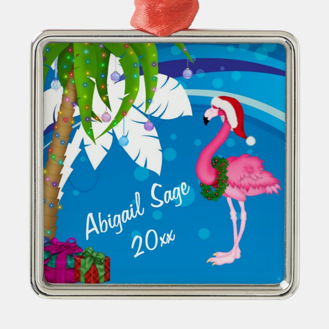 Personalized Pink Santa Flamingo Beach Christmas Metal Ornament (Front)
