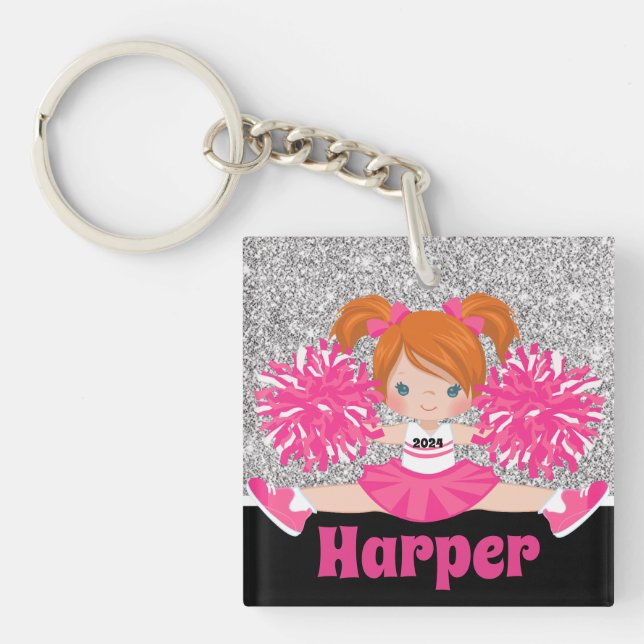 Personalized Pink & Silver Cheerleading Keychain (Front)