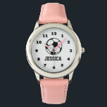 Personalized pink soccer ball watch for girls<br><div class="desc">Girly Pink Soccer ball watch for small kids with personalized name print. Personalizable wrist watches for soccer players and fans. Cute Birthday gift idea for boys and girls. Available in blue, pink, red etc. Sporty design with numbered dial plate. Cute team favour gift idea to give as soccer coach or...</div>