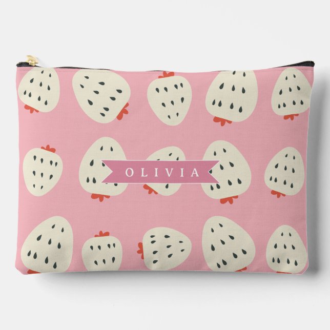 Personalized Pink Strawberry Name Cute Girly Accessory Pouch (Front)