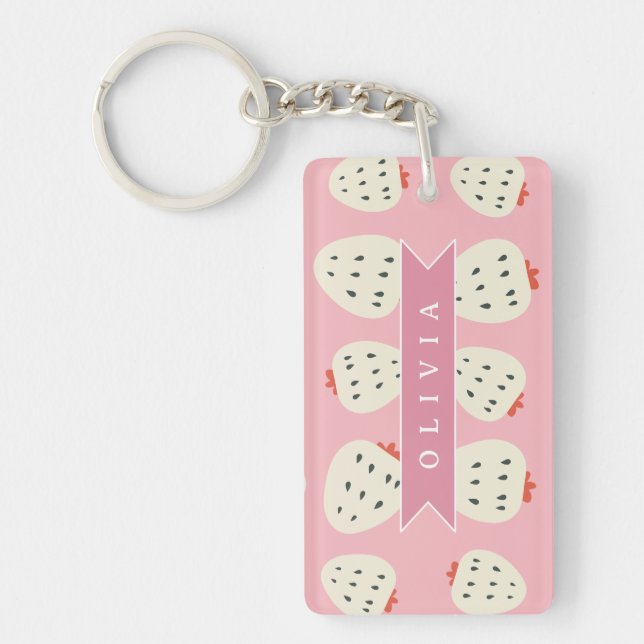 Personalized Pink Strawberry Name Cute Girly Keychain (Front)
