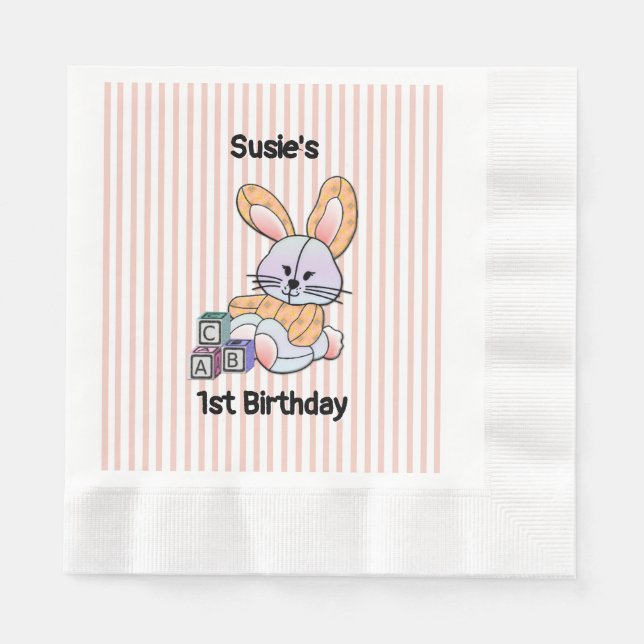 Personalized Pink Striped Nursery Art - Bunny Napkin (Front)