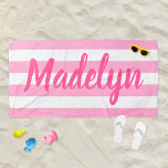 Personalized Pink Striped Script Name Beach Towel<br><div class="desc">Personalized beach towel design features custom text in modern girly hot pink script that can be personalized with a first or last name against a pattern of white stripes on a light pink background. Colours and font style can be completely customized.</div>