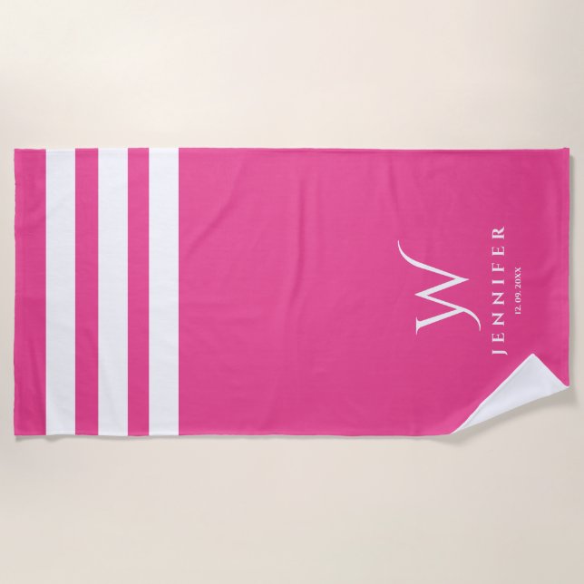 Personalized pink stripes Beach Towel (Front)