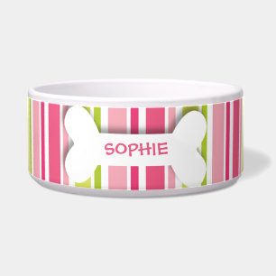 Personalized pink stripes dog bone pet food bowl