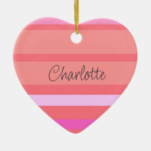 Personalized Pink Stripes Heart Ceramic Ornament