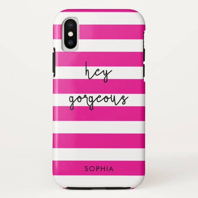 Personalized Pink Stripes Hey Gorgeous Case-Mate iPhone Case (Back)