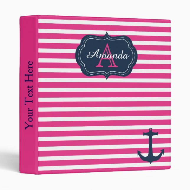 Personalized Pink Stripes Nautical Anchor Binder (Front/Spine)