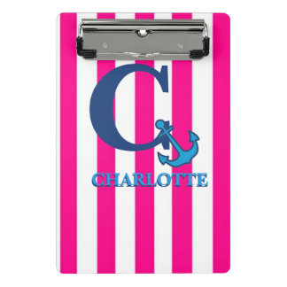Personalized Pink Stripes Navy Blue Anchor Mini Clipboard