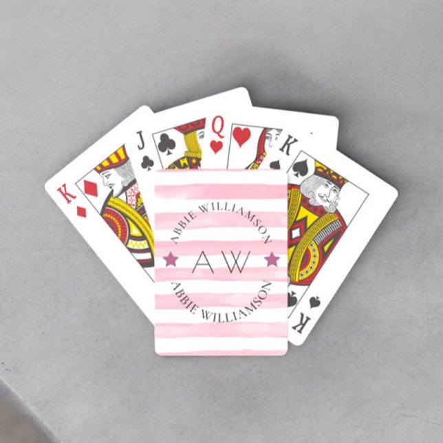 personalized pink stripes  stylish monogram playing cards (fun playing  personalized cards ideaa for family games night )