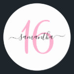 Personalized Pink Sweet 16 Classic Round Sticker<br><div class="desc">Minimalist pink number 16 for her Sweet Sixteen birthday.
Change the colours or number to another milestone birthday. 
Create your own girly name and birthday stickers.</div>