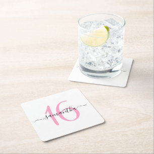 Personalized Pink Sweet 16 Square Paper Coaster