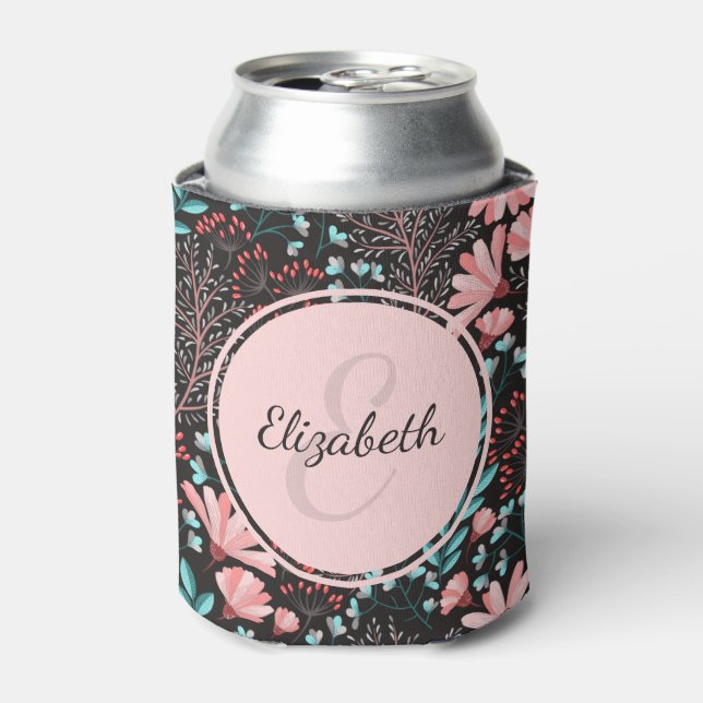 Personalized Pink & Teal Dark Floral Can Cooler (Can Front)