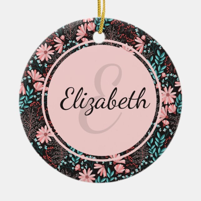 Personalized Pink & Teal Dark Floral Ceramic Ornament (Front)