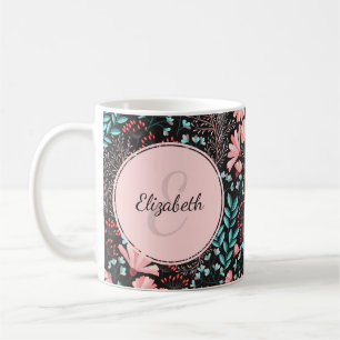 Personalized Pink & Teal Dark Floral Coffee Mug