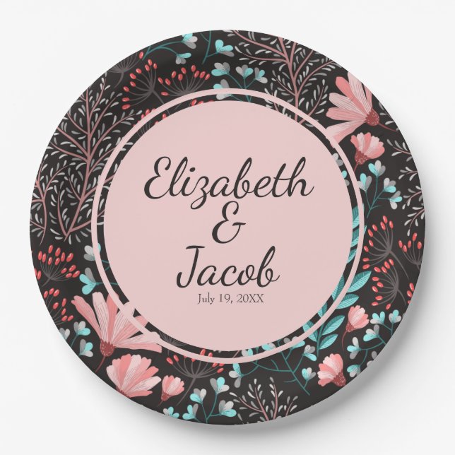 Personalized Pink & Teal Dark Floral Pattern Paper Plate (Front)