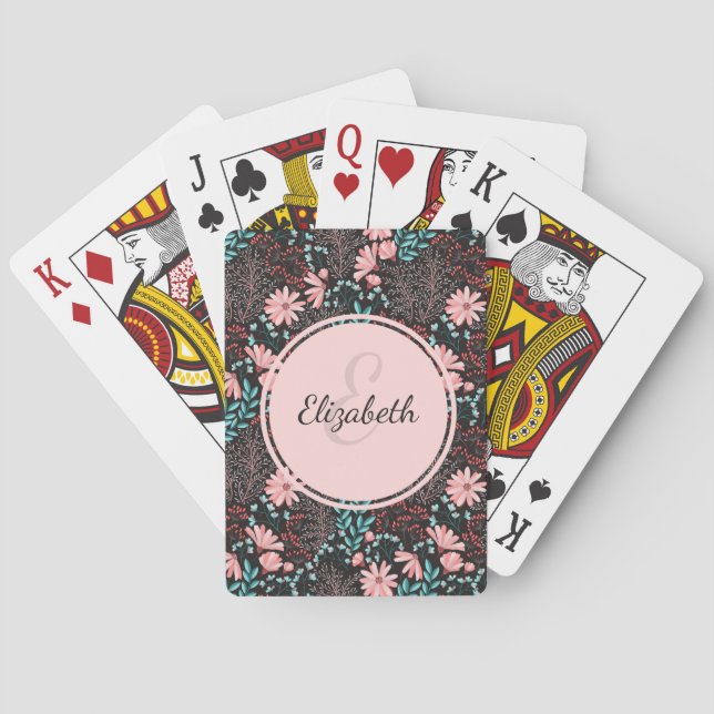 Personalized Pink & Teal Dark Floral Playing Cards (Back)