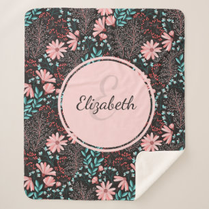 Personalized Pink & Teal Dark Floral Sherpa Blanket