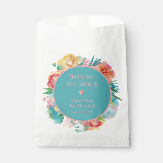 Personalized Pink Teal Floral Baby Shower Favour Bag (Front)
