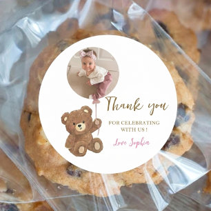 Personalized Pink Teddy Bear First Birthday Photo Classic Round Sticker