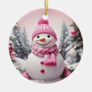 Personalized Pink Theme Christmas Snowman Ceramic Ornament