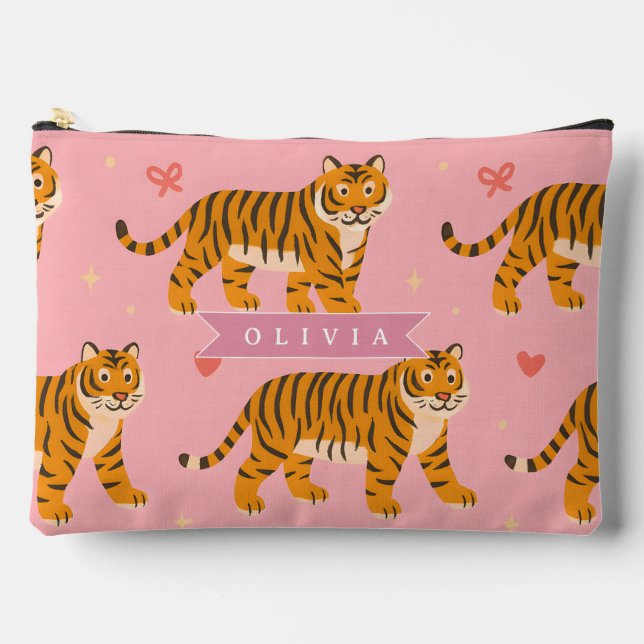 Personalized Pink Tiger Chic Edgy Fun Aesthetic Accessory Pouch (Front)