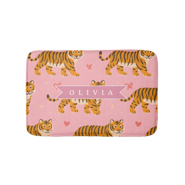 Personalized Pink Tiger Chic Edgy Fun Aesthetic Bath Mat (Front)