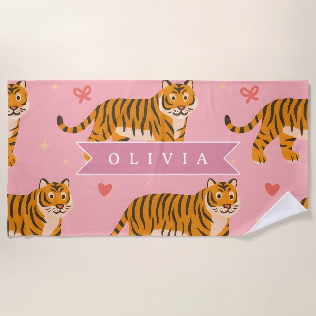Personalized Pink Tiger Chic Edgy Fun Aesthetic Beach Towel (Front)