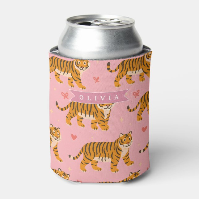 Personalized Pink Tiger Chic Edgy Fun Aesthetic Can Cooler (Can Front)