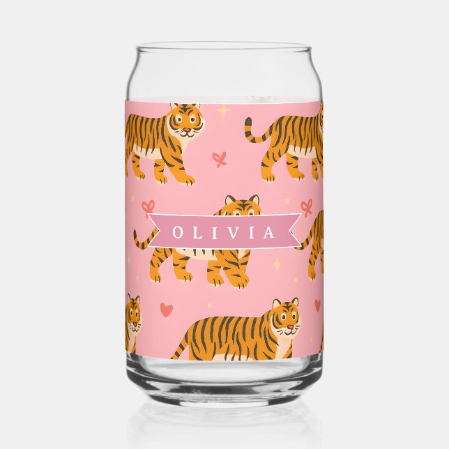 Personalized Pink Tiger Chic Edgy Fun Aesthetic Can Glass (Front)