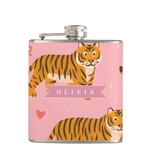 Personalized Pink Tiger Chic Edgy Fun Aesthetic Hip Flask (Front)