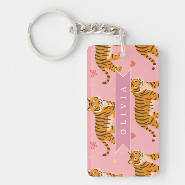 Personalized Pink Tiger Chic Edgy Fun Aesthetic Keychain (Front)