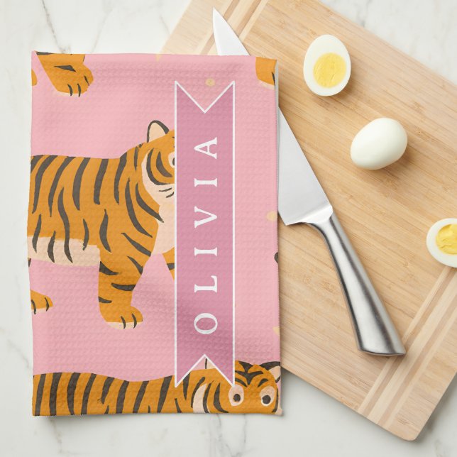 Personalized Pink Tiger Chic Edgy Fun Aesthetic Kitchen Towel (Quarter Fold)
